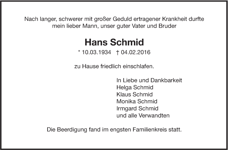  Traueranzeige für Hans Schmid vom 12.02.2016 aus Leonberger Kreiszeitung / Strohgäu Extra