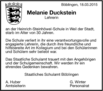 Traueranzeige von Melanie Duckstein von Leonberger Kreiszeitung / Strohgäu Extra