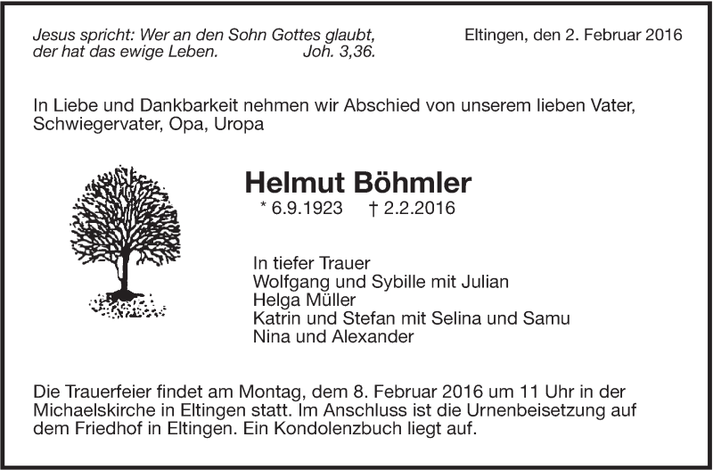  Traueranzeige für Helmut Böhmler vom 04.02.2016 aus Leonberger Kreiszeitung / Strohgäu Extra
