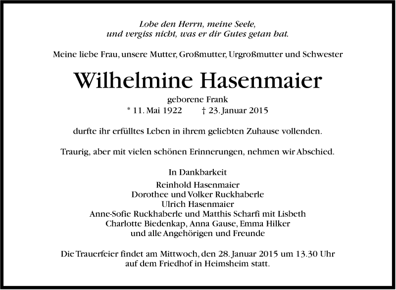  Traueranzeige für Wilhelmine Hasenmaier vom 26.01.2015 aus Leonberger Kreiszeitung / Strohgäu Extra