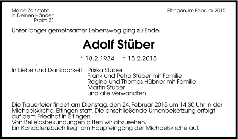 Traueranzeige für Adolf Stüber vom 20.02.2015 aus Leonberger Kreiszeitung / Strohgäu Extra