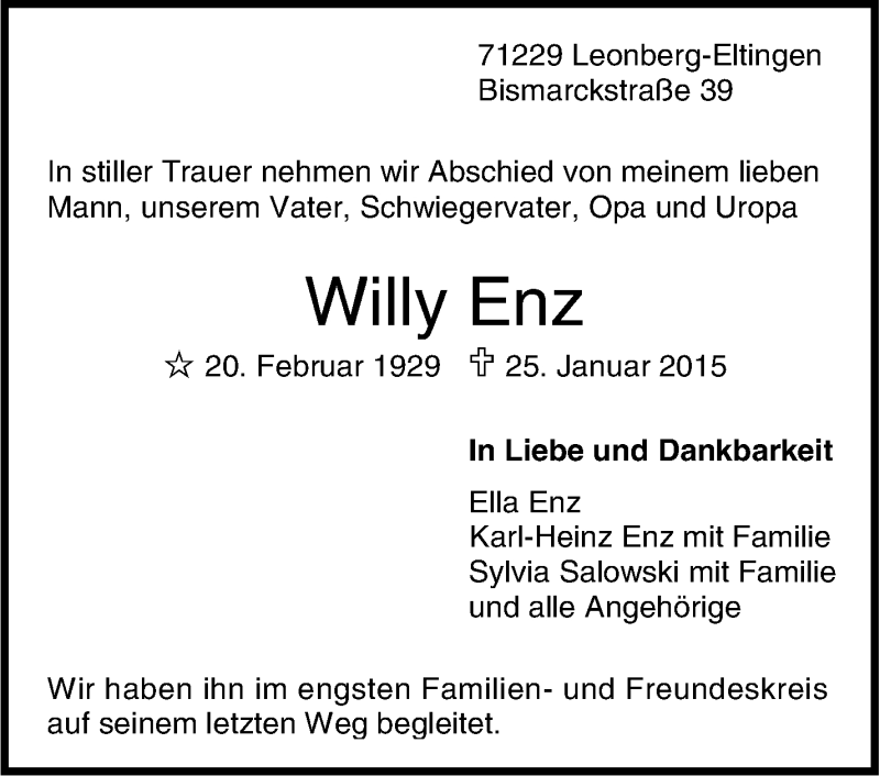  Traueranzeige für Willy Enz vom 31.01.2015 aus Leonberger Kreiszeitung / Strohgäu Extra