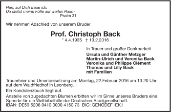 Traueranzeige von Christoph Back von Leonberger Kreiszeitung / Strohgäu Extra