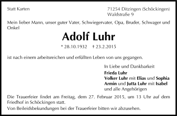 Traueranzeige von Adolf Luhr von Leonberger Kreiszeitung / Strohgäu Extra