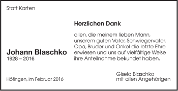 Traueranzeige von Johann Blaschko von Leonberger Kreiszeitung / Strohgäu Extra