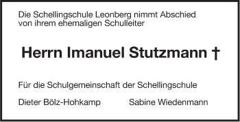 Traueranzeige von Imanuel Stutzmann von Leonberger Kreiszeitung / Strohgäu Extra