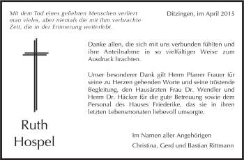 Traueranzeige von Ruth Hospel von Leonberger Kreiszeitung / Strohgäu Extra