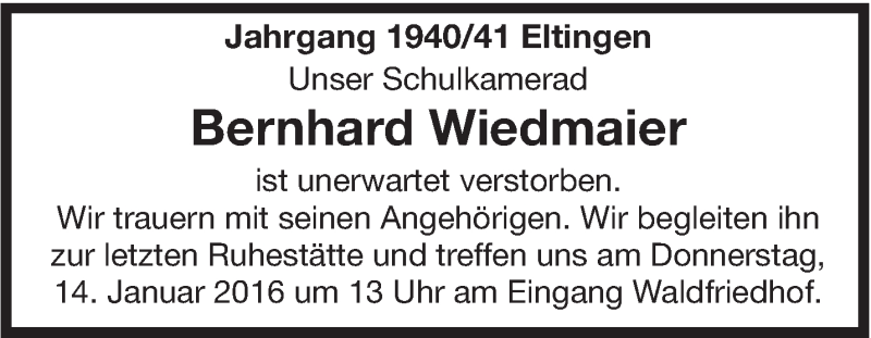  Traueranzeige für Bernhard Wiedmaier vom 12.01.2016 aus Leonberger Kreiszeitung / Strohgäu Extra