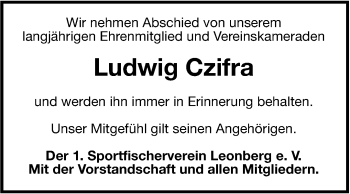 Traueranzeige von Ludwig Czifra von Leonberger Kreiszeitung / Strohgäu Extra