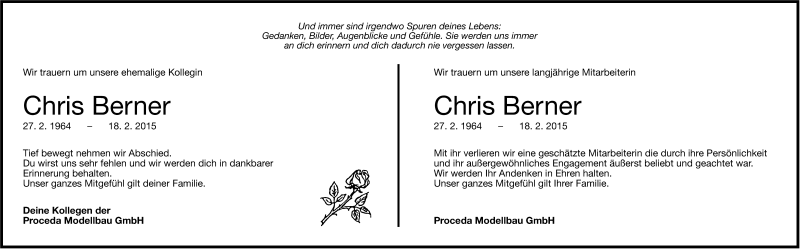  Traueranzeige für Chris Berner vom 04.03.2015 aus Leonberger Kreiszeitung / Strohgäu Extra