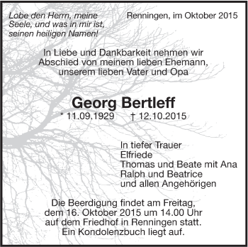 Traueranzeige von Georg Bertleff von Leonberger Kreiszeitung