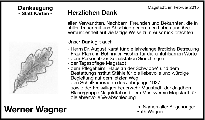  Traueranzeige für Werner Wagner vom 12.02.2015 aus Leonberger Kreiszeitung / Strohgäu Extra