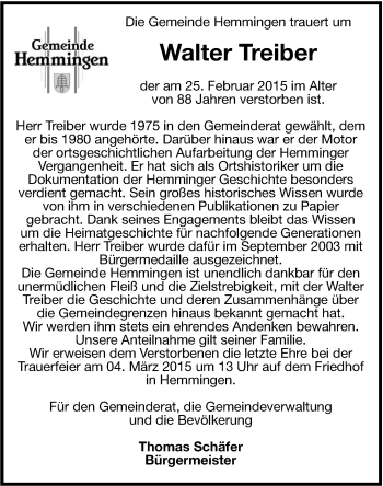Traueranzeige von Walter Treiber von Leonberger Kreiszeitung / Strohgäu Extra