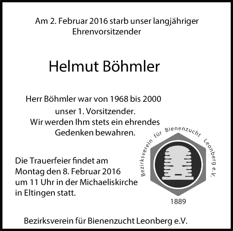  Traueranzeige für Helmut Böhmler vom 06.02.2016 aus Leonberger Kreiszeitung / Strohgäu Extra
