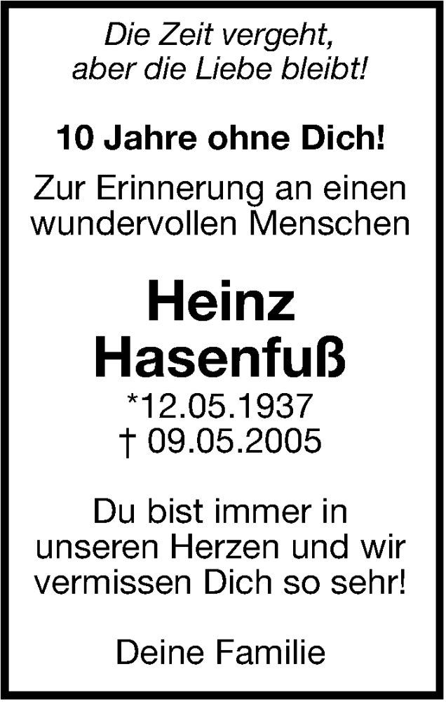  Traueranzeige für Heinz Hasenfuß vom 09.05.2015 aus Leonberger Kreiszeitung / Strohgäu Extra