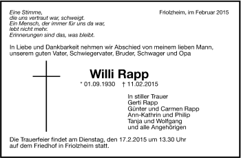 Traueranzeige von Willi Rapp von Leonberger Kreiszeitung / Strohgäu Extra