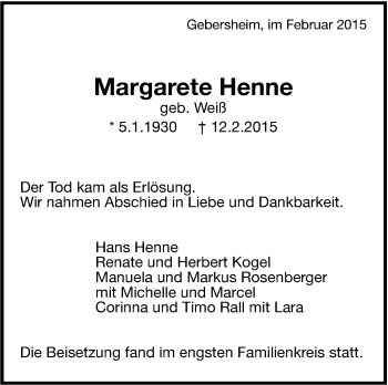 Traueranzeige von Margarete Henne von Leonberger Kreiszeitung / Strohgäu Extra