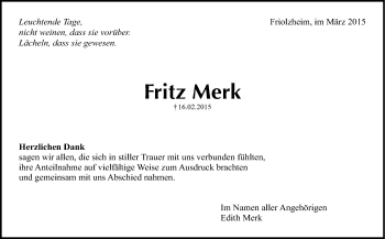 Traueranzeige von Fritz Merk von Leonberger Kreiszeitung / Strohgäu Extra