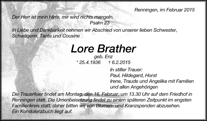  Traueranzeige für Lore Brather vom 12.02.2015 aus Leonberger Kreiszeitung / Strohgäu Extra