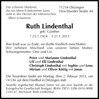 Traueranzeige von Ruth Lindenthal von Leonberger Kreiszeitung / Strohgäu Extra