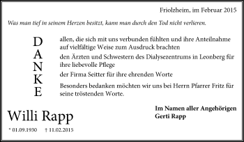 Traueranzeige von Willi Rapp von Leonberger Kreiszeitung / Strohgäu Extra