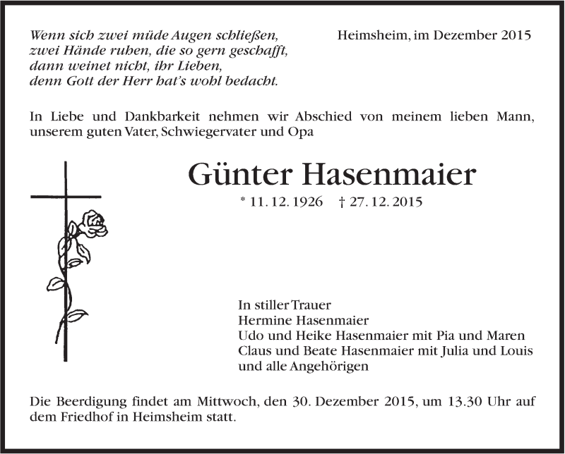  Traueranzeige für Günter Hasenmaier vom 28.12.2015 aus Leonberger Kreiszeitung / Strohgäu Extra