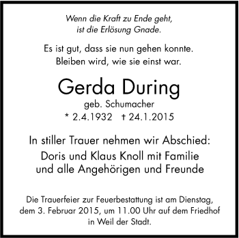 Traueranzeige von Gerda During von Leonberger Kreiszeitung / Strohgäu Extra