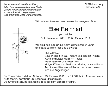 Traueranzeige von Else Reinhart von Leonberger Kreiszeitung / Strohgäu Extra