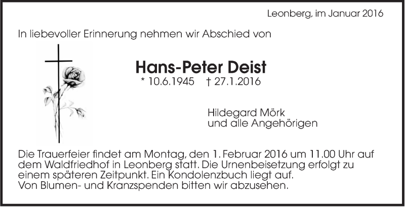  Traueranzeige für Hans-Peter Deist vom 29.01.2016 aus Leonberger Kreiszeitung / Strohgäu Extra