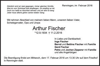 Traueranzeige von Arthur Fischer von Leonberger Kreiszeitung / Strohgäu Extra