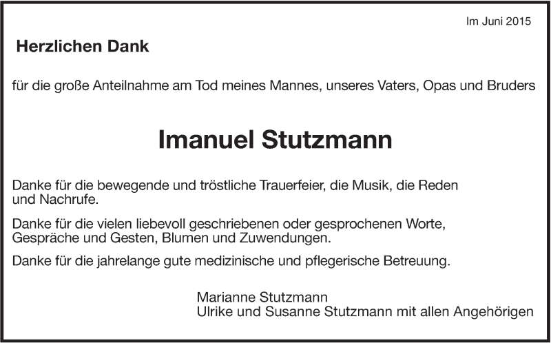  Traueranzeige für Imanuel Stutzmann vom 27.06.2015 aus Leonberger Kreiszeitung / Strohgäu Extra