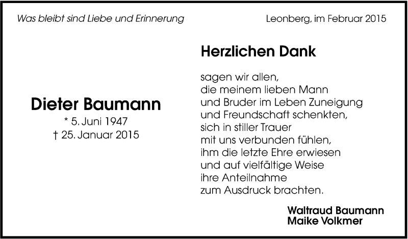  Traueranzeige für Dieter Baumann vom 14.02.2015 aus Leonberger Kreiszeitung / Strohgäu Extra