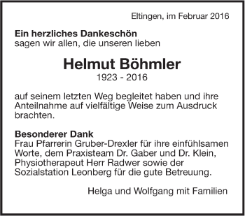 Traueranzeige von Helmut Böhmler von Leonberger Kreiszeitung / Strohgäu Extra
