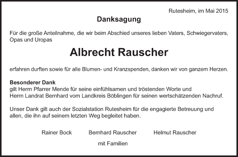  Traueranzeige für Albrecht Rauscher vom 19.05.2015 aus Leonberger Kreiszeitung / Strohgäu Extra