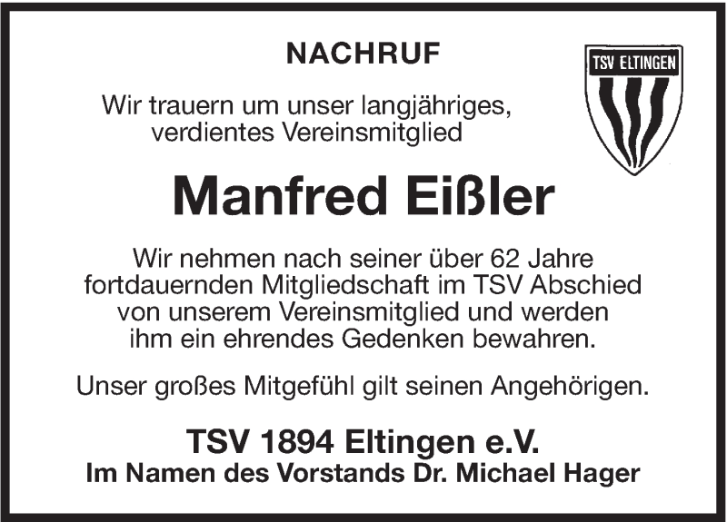  Traueranzeige für Manfred Eißler vom 14.01.2016 aus Leonberger Kreiszeitung / Strohgäu Extra
