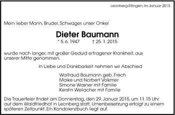 Traueranzeige von Dieter Baumann von Leonberger Kreiszeitung / Strohgäu Extra