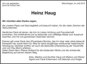 Traueranzeige von Heinz Haug von Leonberger Kreiszeitung / Strohgäu Extra