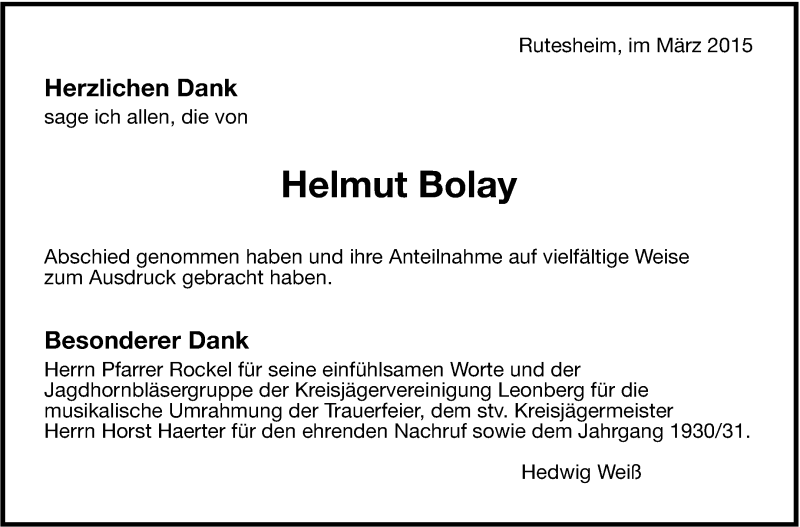  Traueranzeige für Helmut Bolay vom 21.03.2015 aus Leonberger Kreiszeitung / Strohgäu Extra