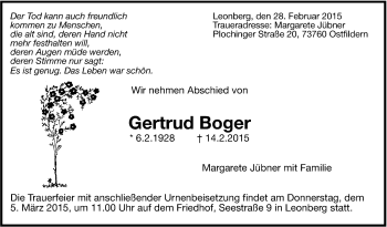Traueranzeige von Gertrud Boger von Leonberger Kreiszeitung / Strohgäu Extra