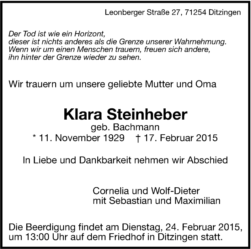  Traueranzeige für Klara Steinheber vom 19.02.2015 aus Leonberger Kreiszeitung / Strohgäu Extra