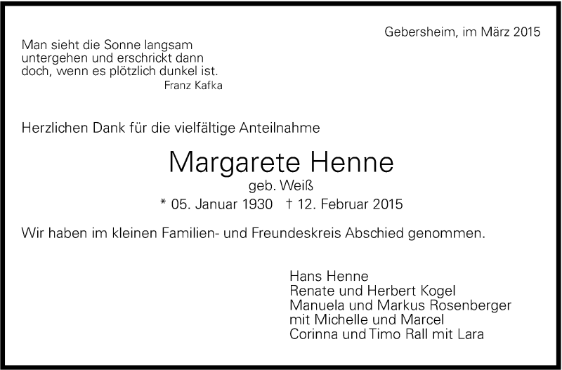  Traueranzeige für Margarete Henne vom 16.03.2015 aus Leonberger Kreiszeitung / Strohgäu Extra