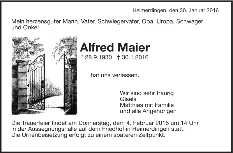  Traueranzeige für Alfred Maier vom 02.02.2016 aus Leonberger Kreiszeitung / Strohgäu Extra