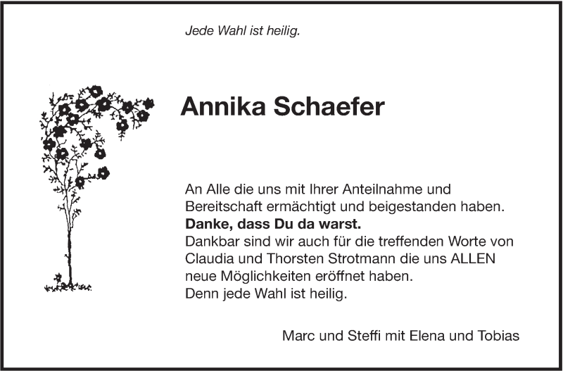  Traueranzeige für Annika Schaefer vom 08.07.2015 aus Leonberger Kreiszeitung / Strohgäu Extra