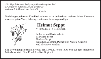 Traueranzeige von Helmut Seppt von Leonberger Kreiszeitung / Strohgäu Extra