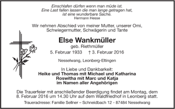 Traueranzeige von Else Wankmüller von Leonberger Kreiszeitung / Strohgäu Extra