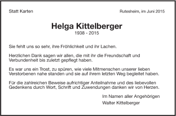 Traueranzeige von Helga Kittelberger von Leonberger Kreiszeitung / Strohgäu Extra