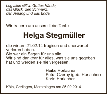 Traueranzeige von Helga Stegmüller von Leonberger Kreiszeitung / Strohgäu Extra
