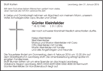 Traueranzeige von Günter Kleinfelder von Leonberger Kreiszeitung / Strohgäu Extra