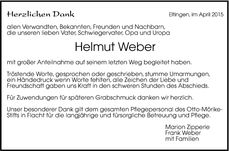  Traueranzeige für Helmut Weber vom 13.04.2015 aus Leonberger Kreiszeitung / Strohgäu Extra
