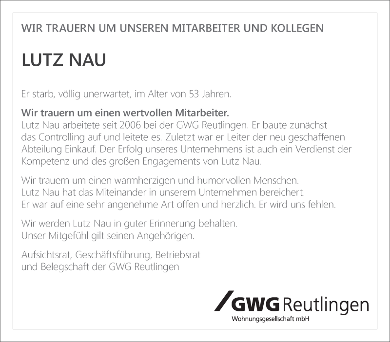  Traueranzeige für Lutz Nau vom 21.05.2015 aus Leonberger Kreiszeitung / Strohgäu Extra